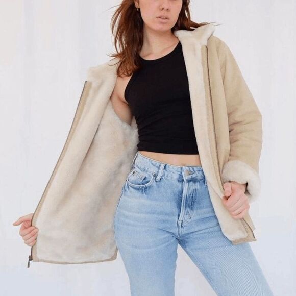 Vintage St. John's Bay Nubuck Leather Shearling Hooded Parka Jacket, Women's M - Picture 5 of 10